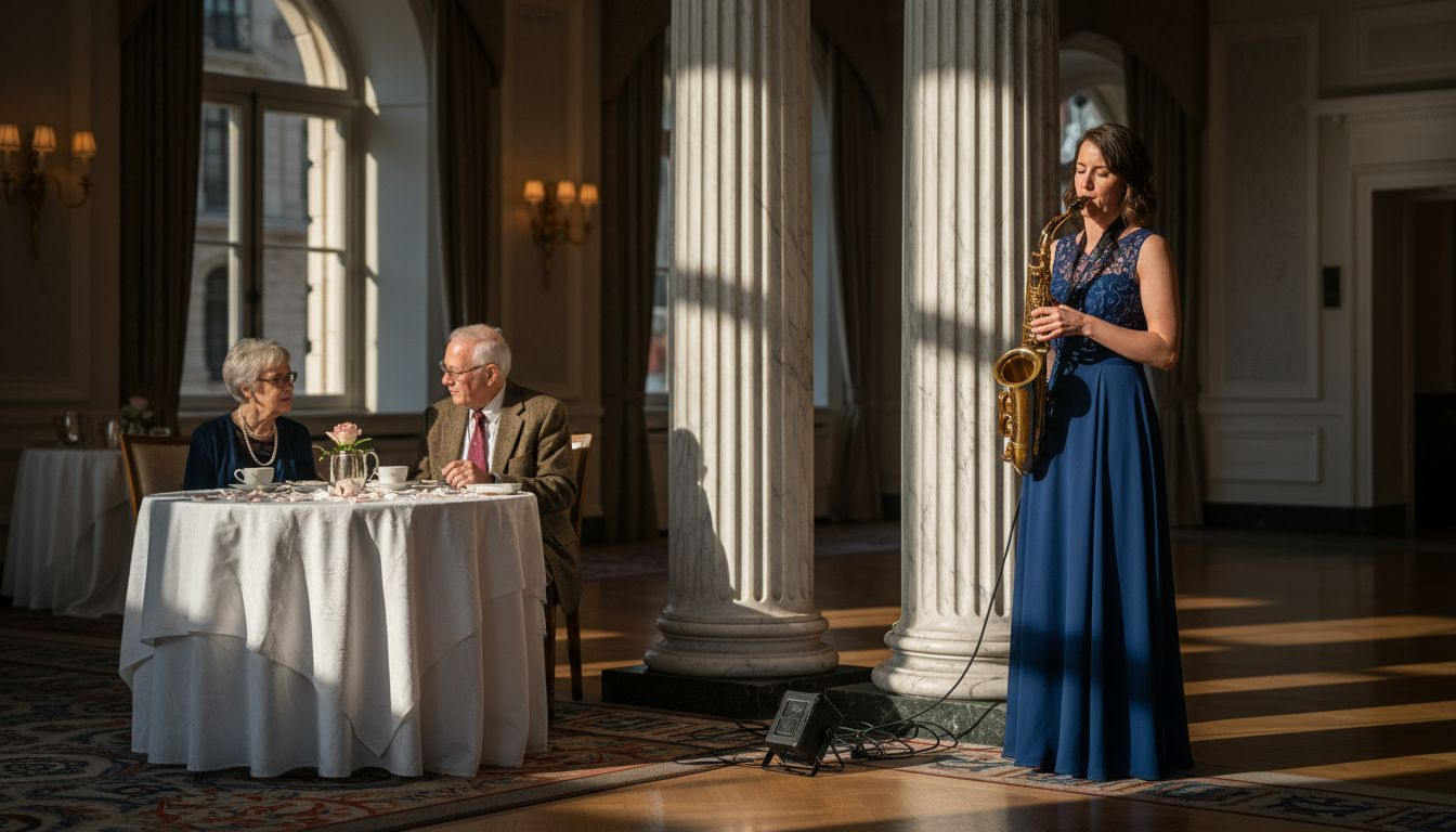 Solo saxophonist plays in elegant wedding ballroom