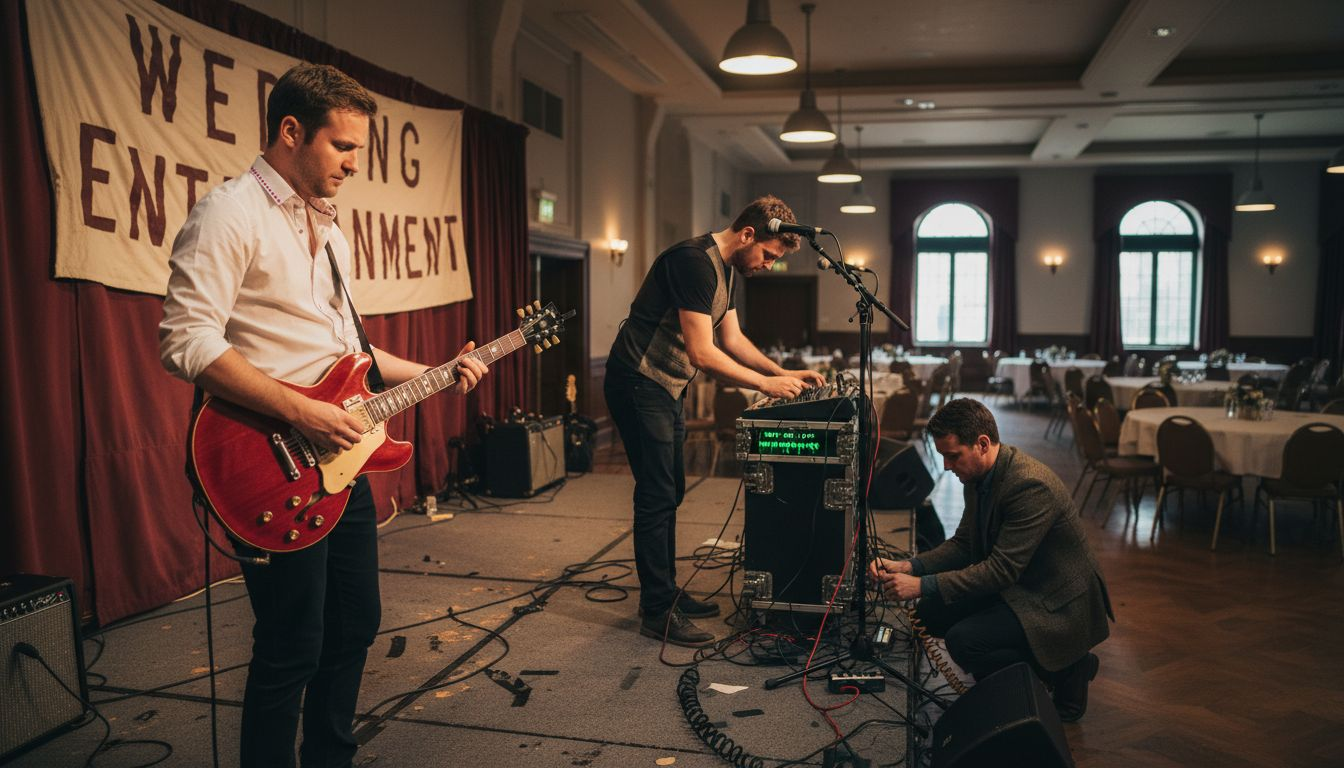 Band prepares stage at wedding venue