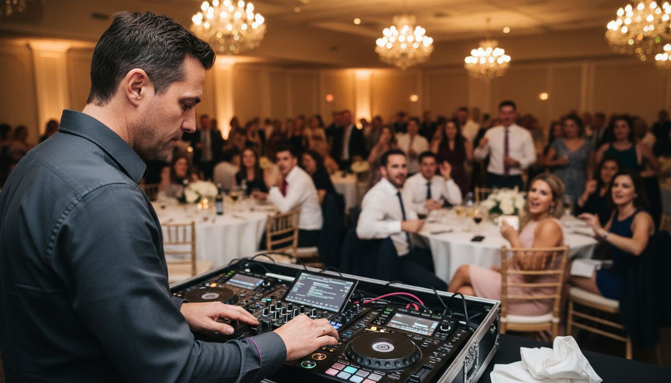 DJ adjusting playlist, watching wedding guests