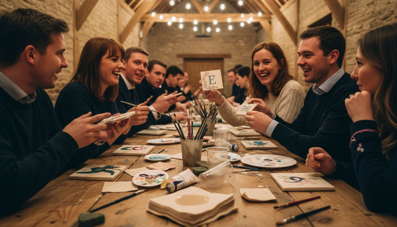 Guests painting wedding keepsake tiles