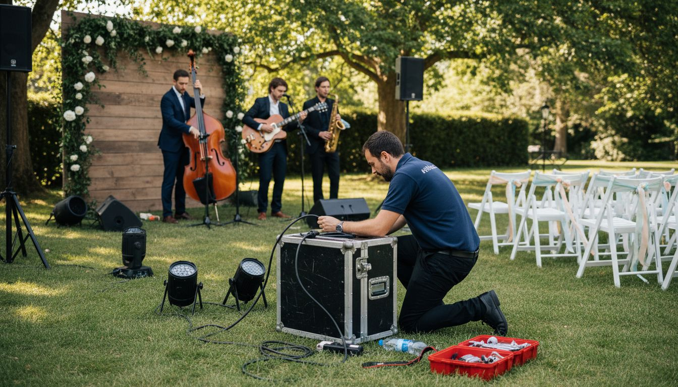 Wedding entertainment team setting up stage