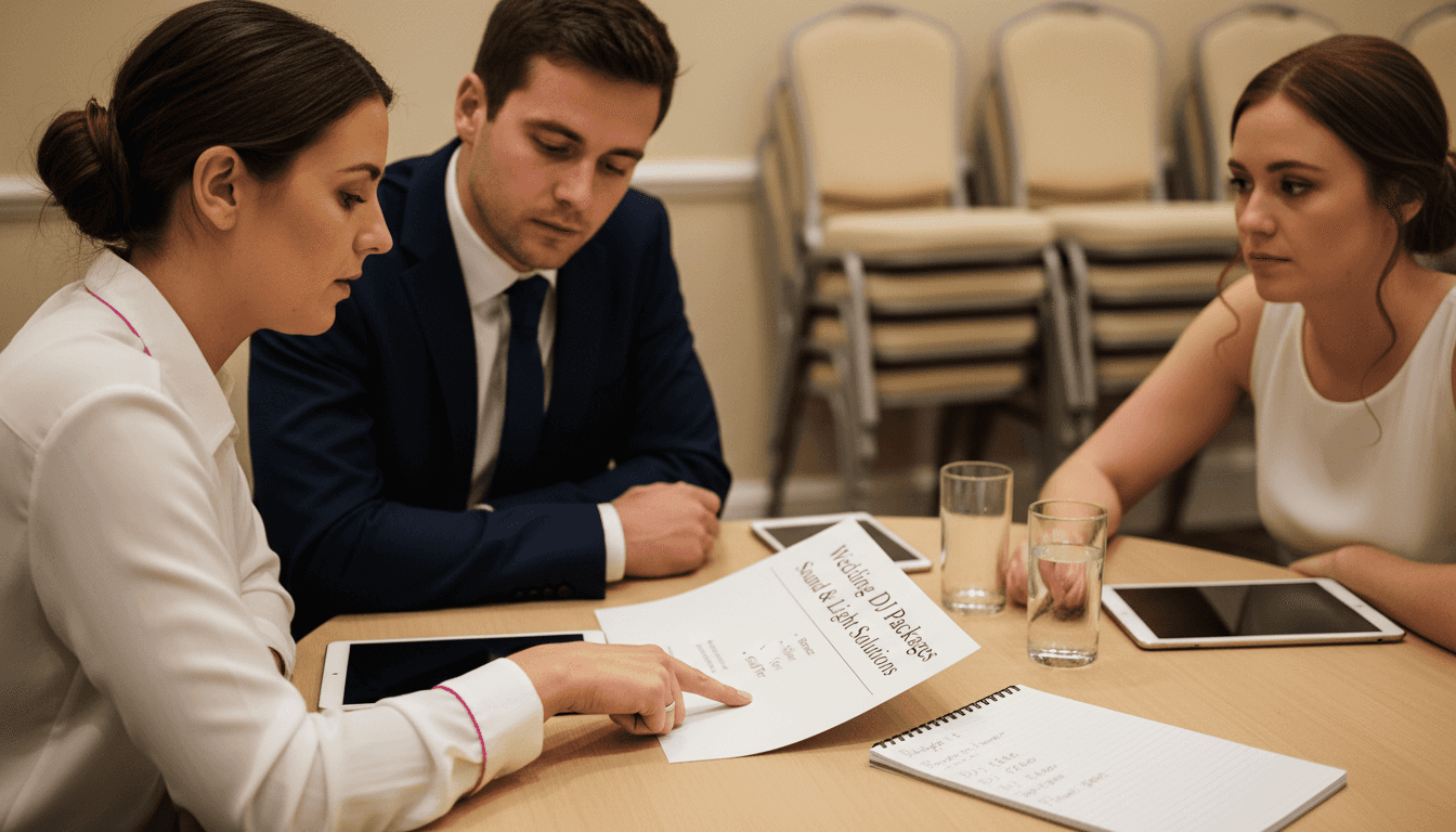 Couple reviewing wedding DJ package brochure