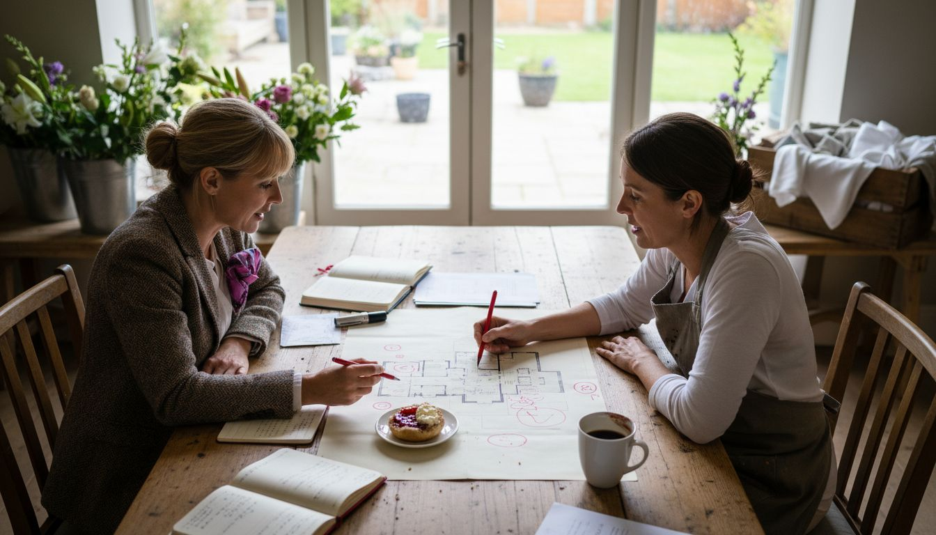 Planner and florist collaborating at table
