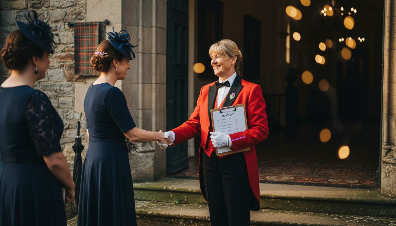 Toastmaster greeting guests at estate entrance