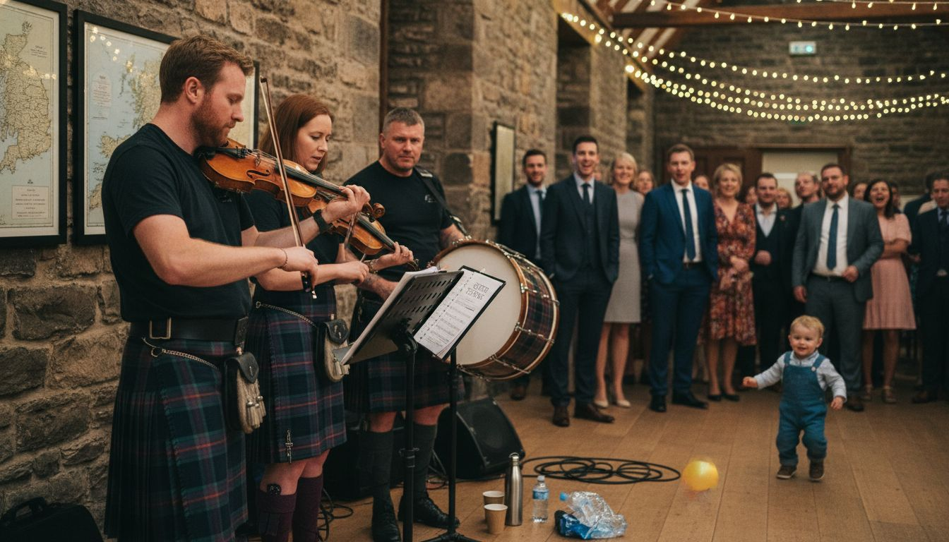 Ceilidh band playing at Scottish wedding hall