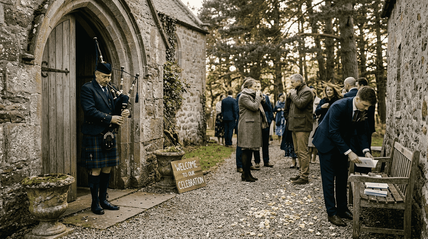 Bagpiper playing at Scottish wedding entrance