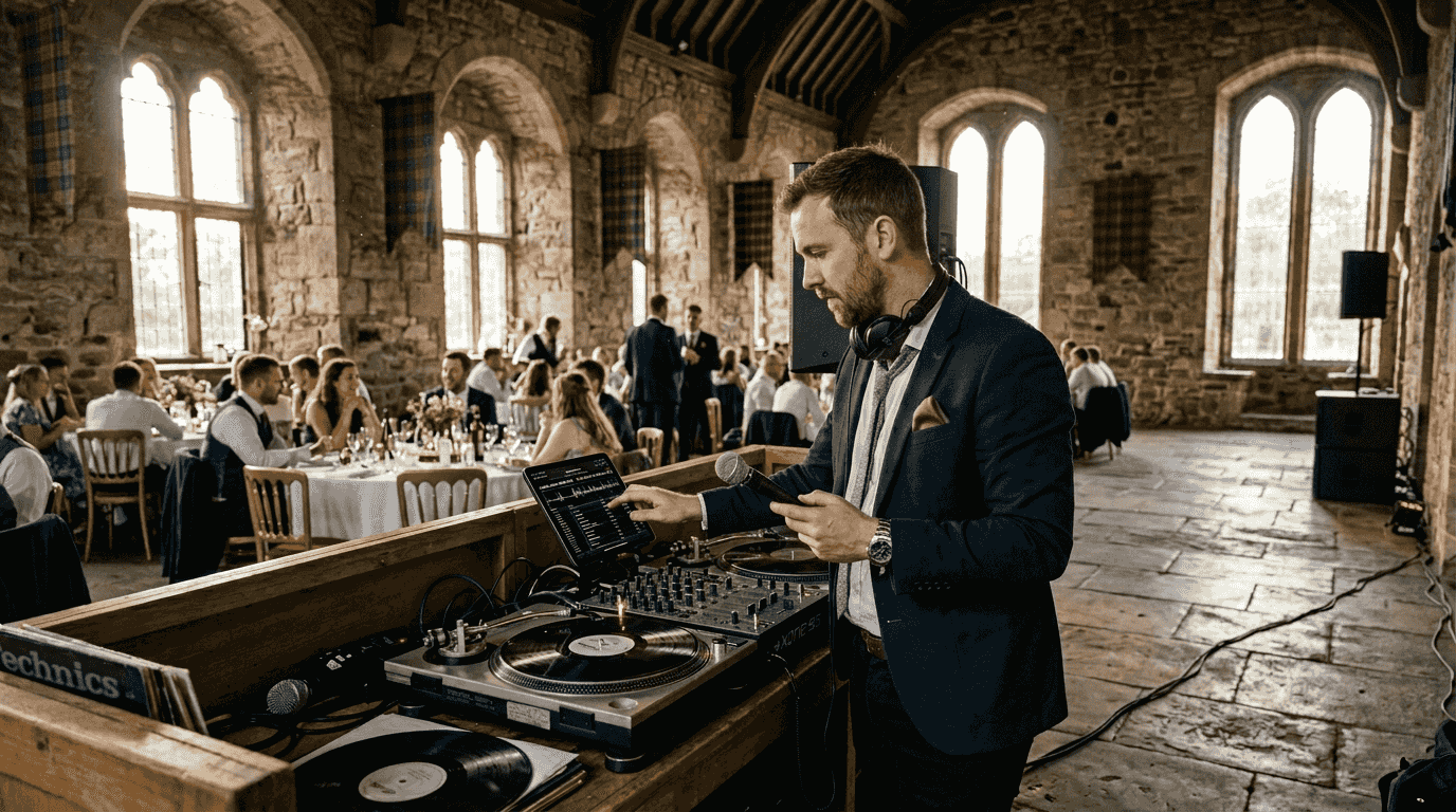 DJ adjusting sound at Scottish castle wedding