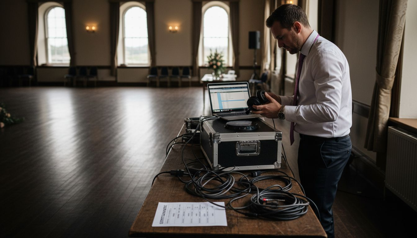 DJ preparing equipment and schedule at venue