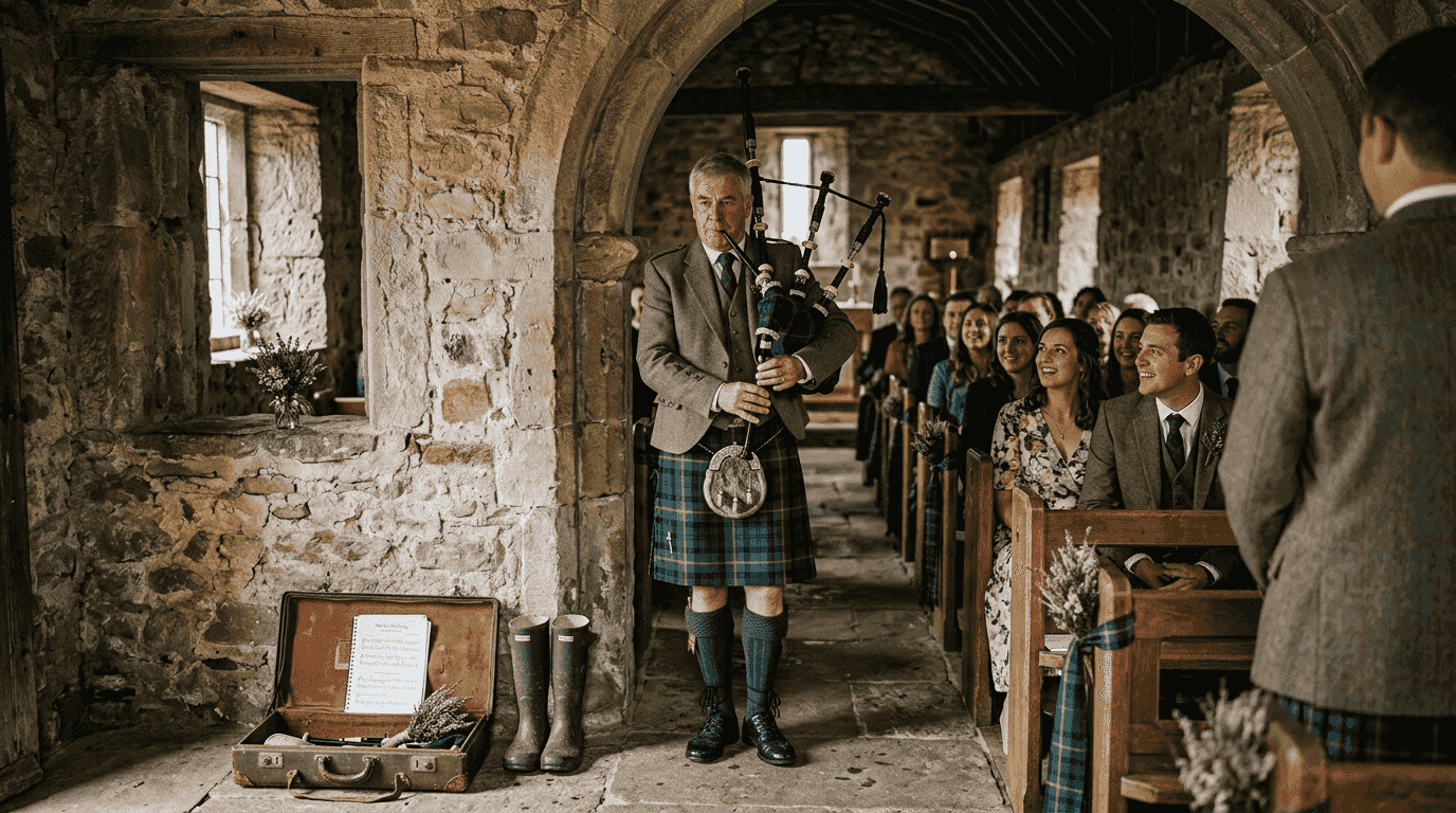Scottish bagpiper playing in chapel entrance