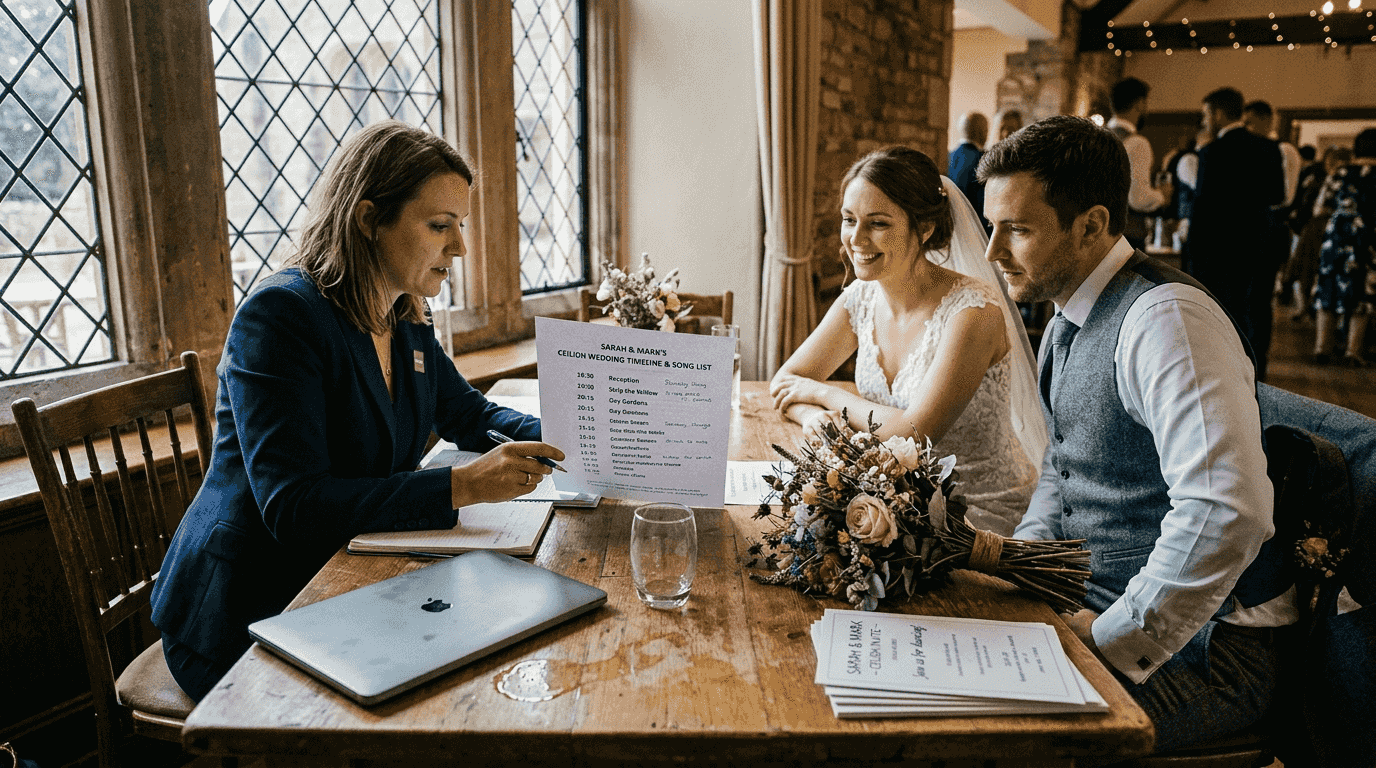 Wedding planner reviewing playlist timeline
