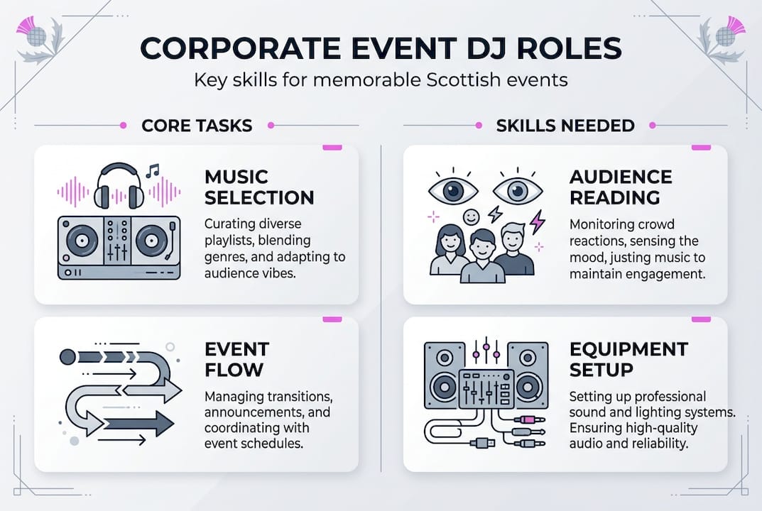 Infographic of corporate event DJ skills and tasks
