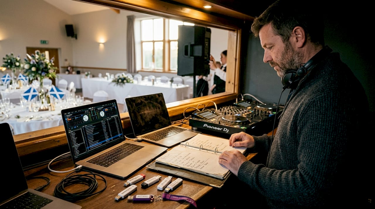 DJ booth with music setup for Scottish wedding