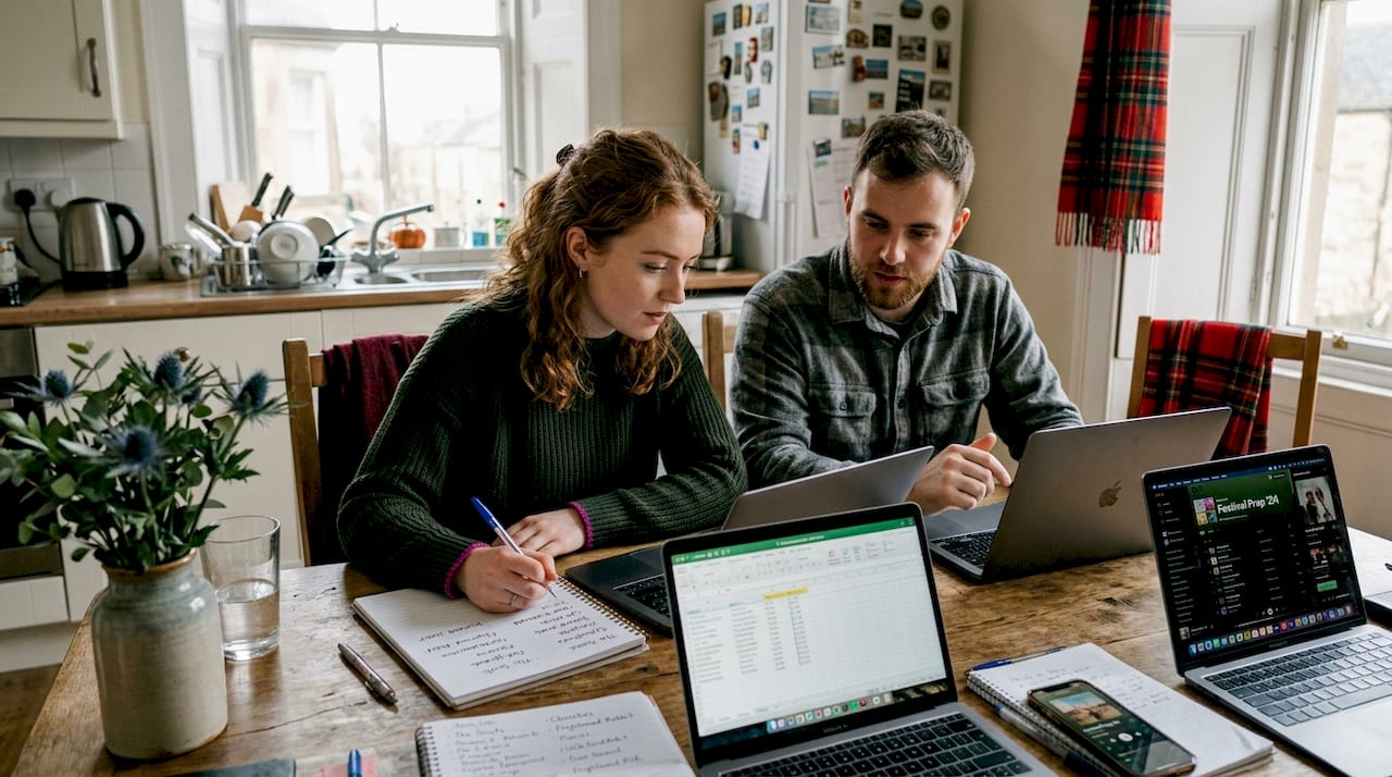 Couple selecting songs for wedding playlist