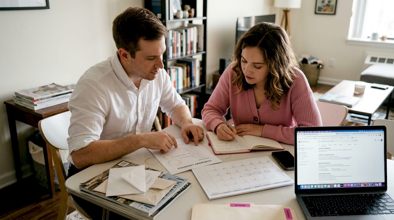 Couple discussing ceremony logistics at home