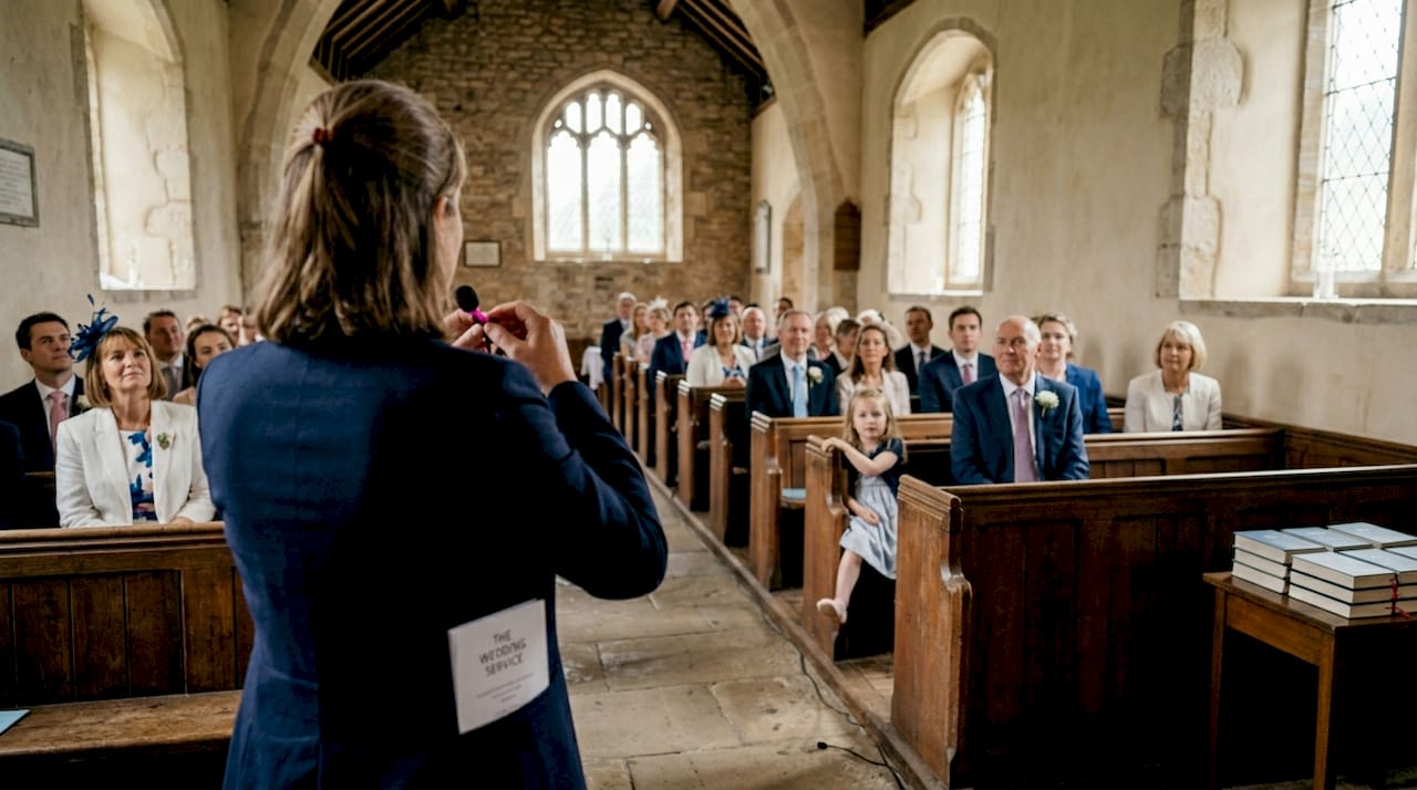 Officiant adjusting microphone before wedding ceremony