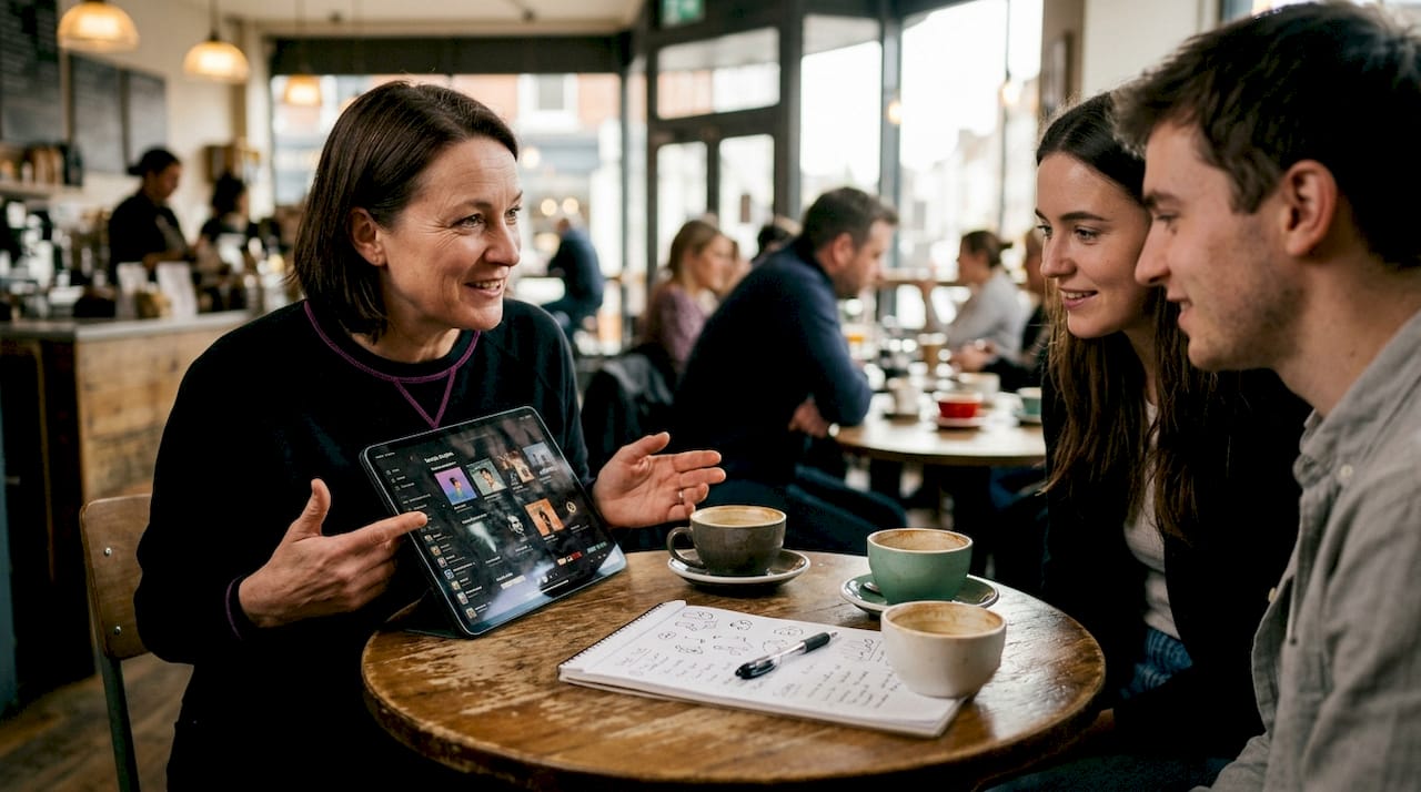 DJ and couple reviewing playlist in café meeting