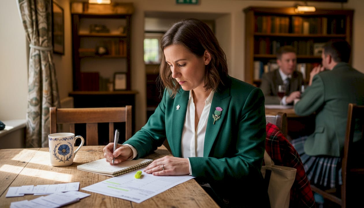 MC jotting wedding details at rustic table