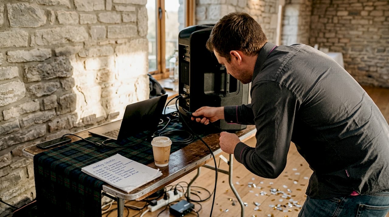 Wedding DJ setting up sound equipment