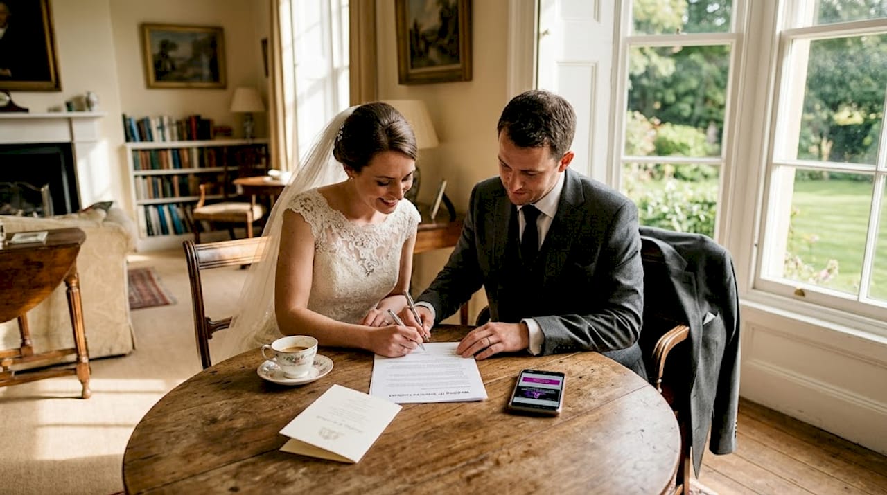 Couple reviewing DJ contract for wedding