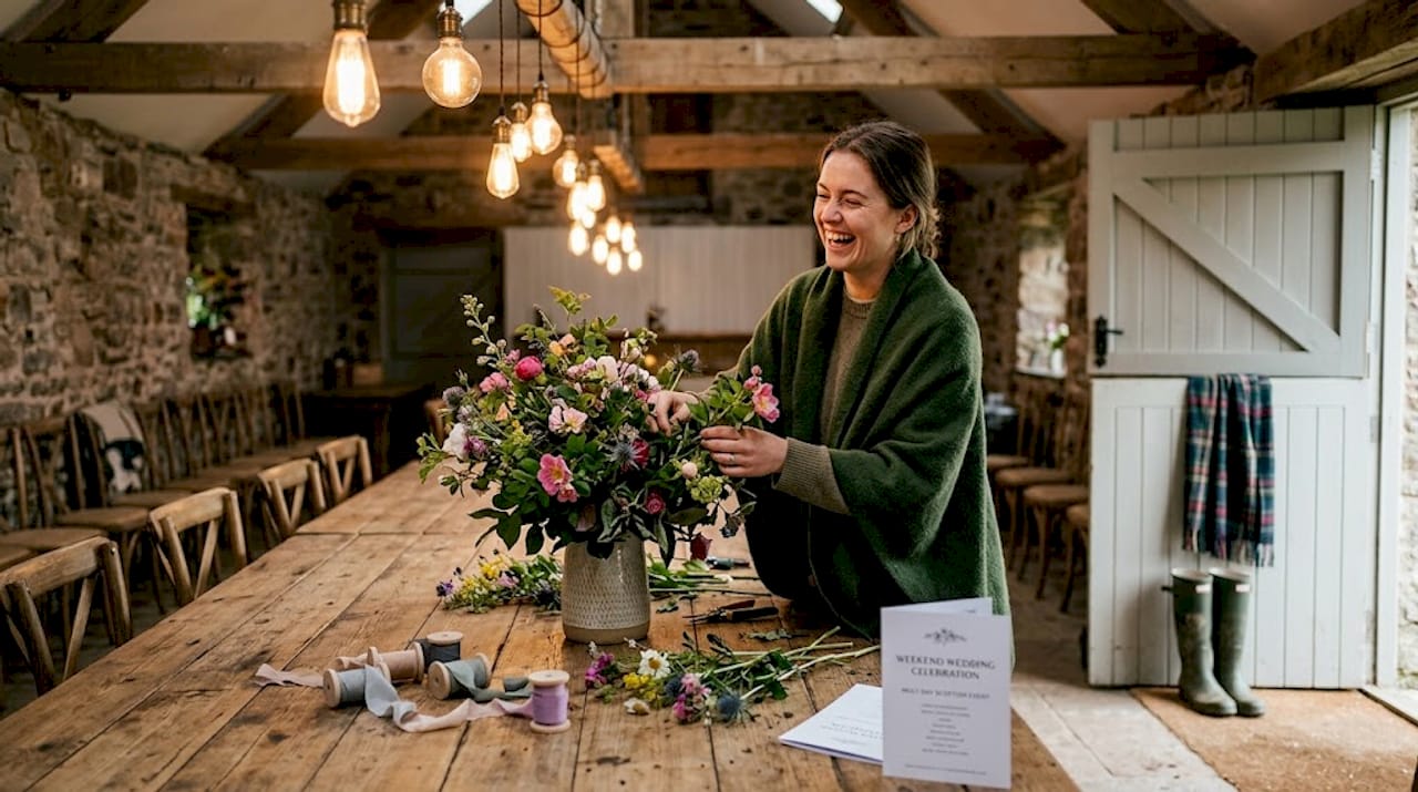 Guest arranging flowers for multi-day Scottish wedding