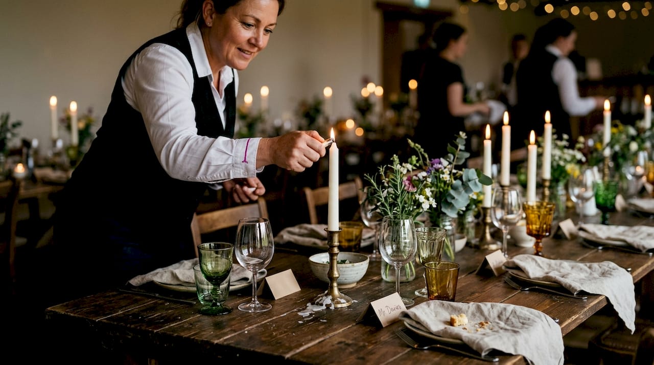 Wedding staff lighting romantic table candles