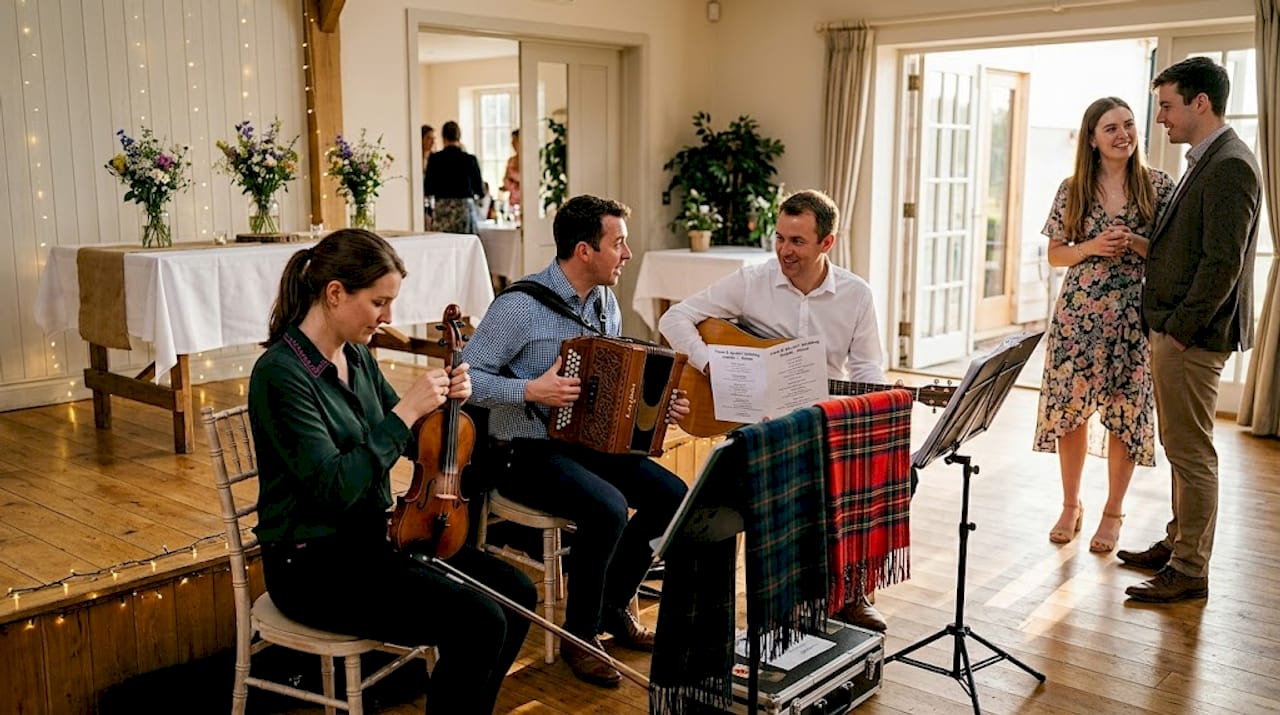 Ceilidh band preparing for Scottish wedding party