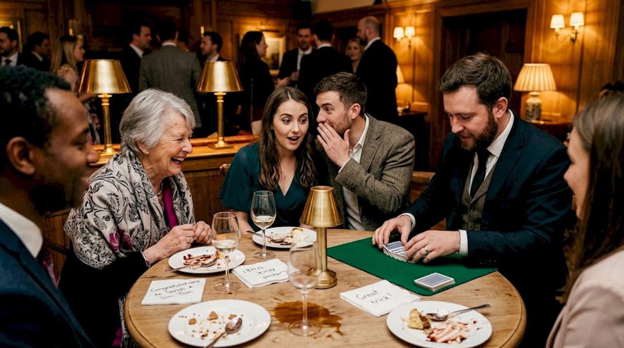 Guests react to magician at wedding evening
