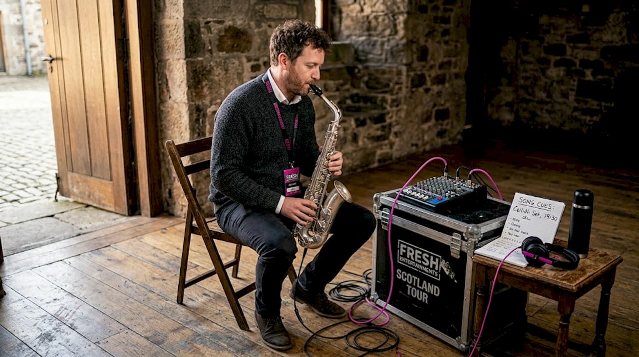 Musician tests MIDI digital saxophone backstage