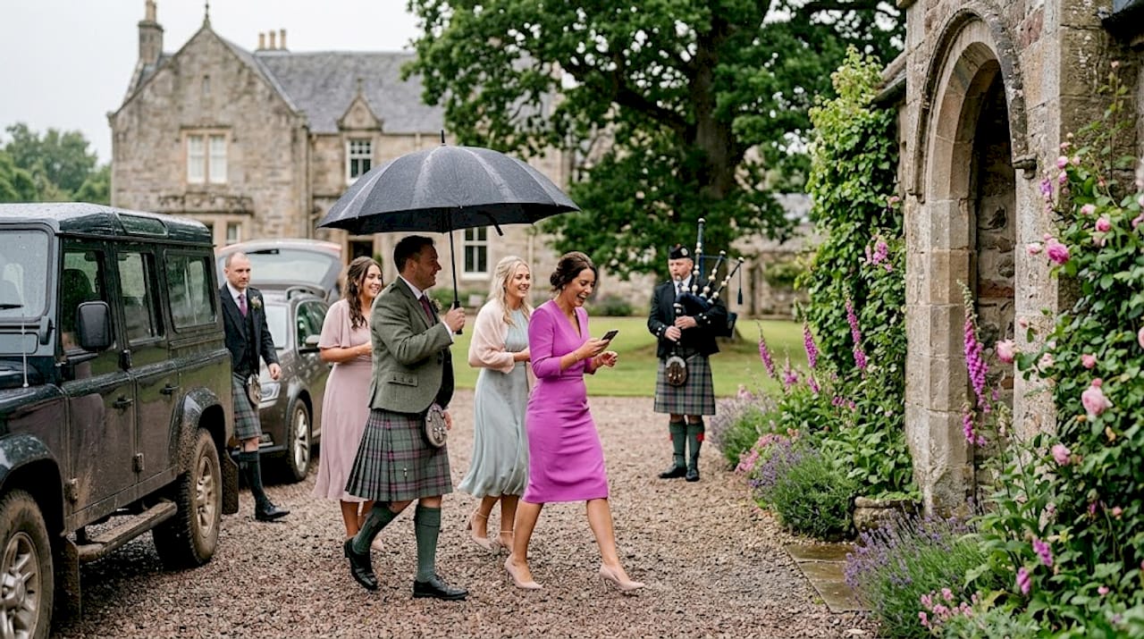 Wedding guests arriving at stone country entrance