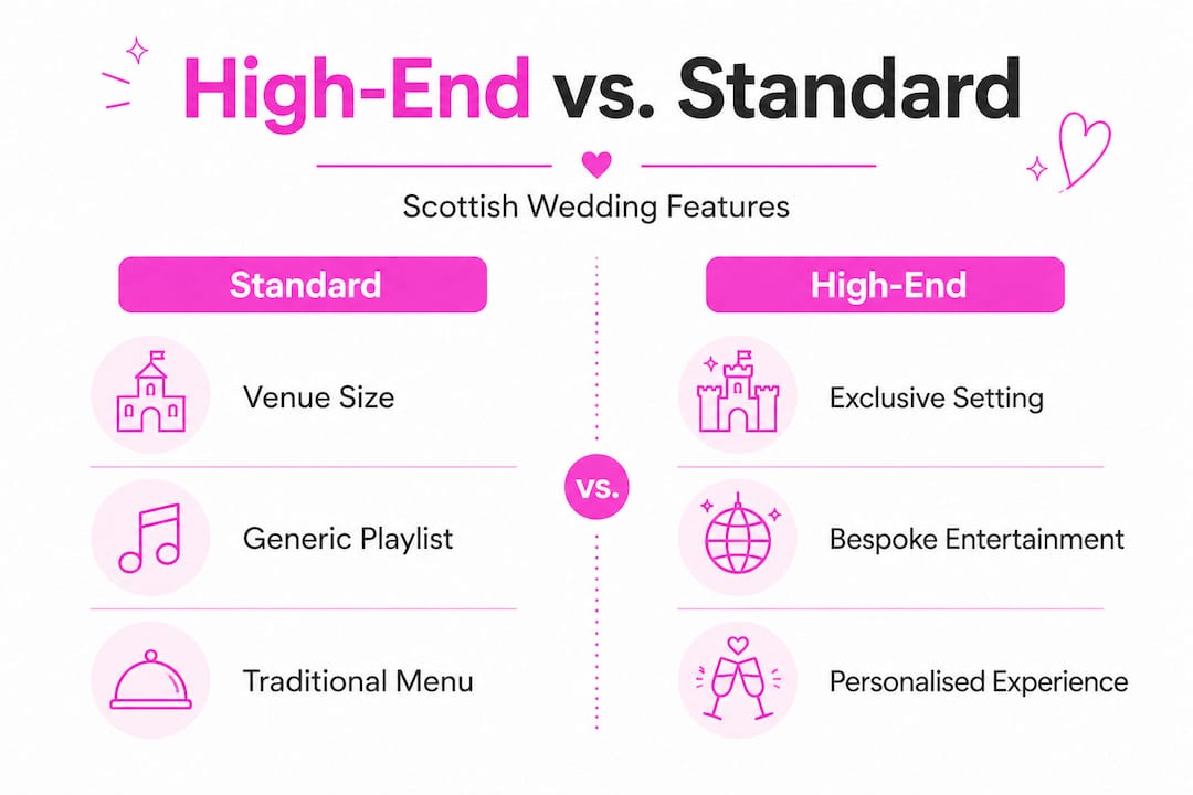 Infographic comparing high-end versus standard Scottish weddings