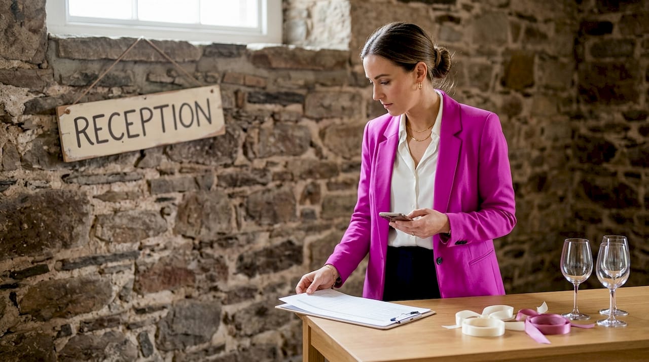 Wedding coordinator checks schedule at rustic reception