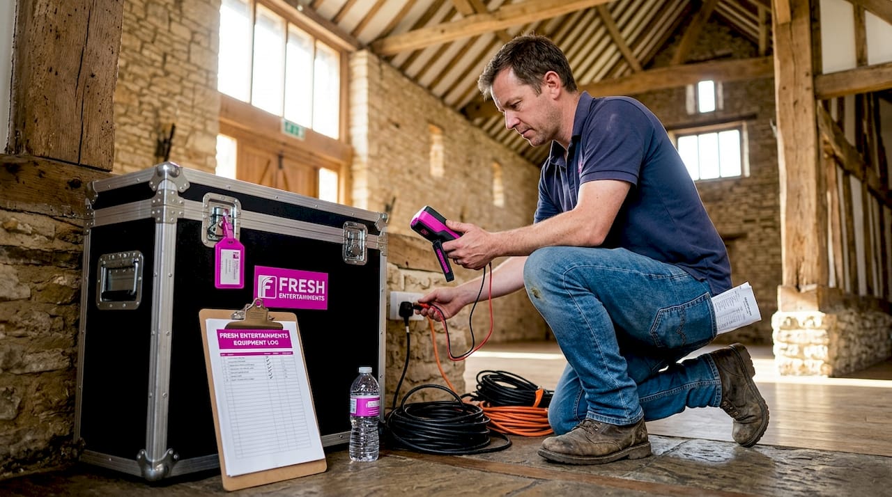 Technician testing venue power for entertainment setup
