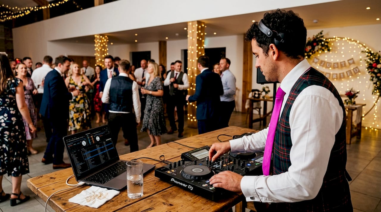 DJ mixing music at Scottish wedding reception