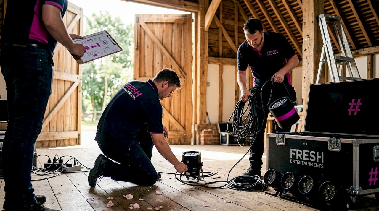 Technicians prepare wedding lighting at barn venue