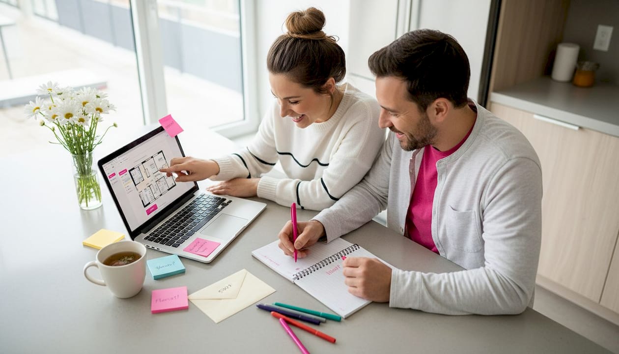 Couple plans wedding lighting budget at table