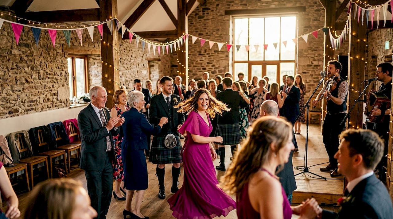 Scottish wedding guests dancing to ceilidh band