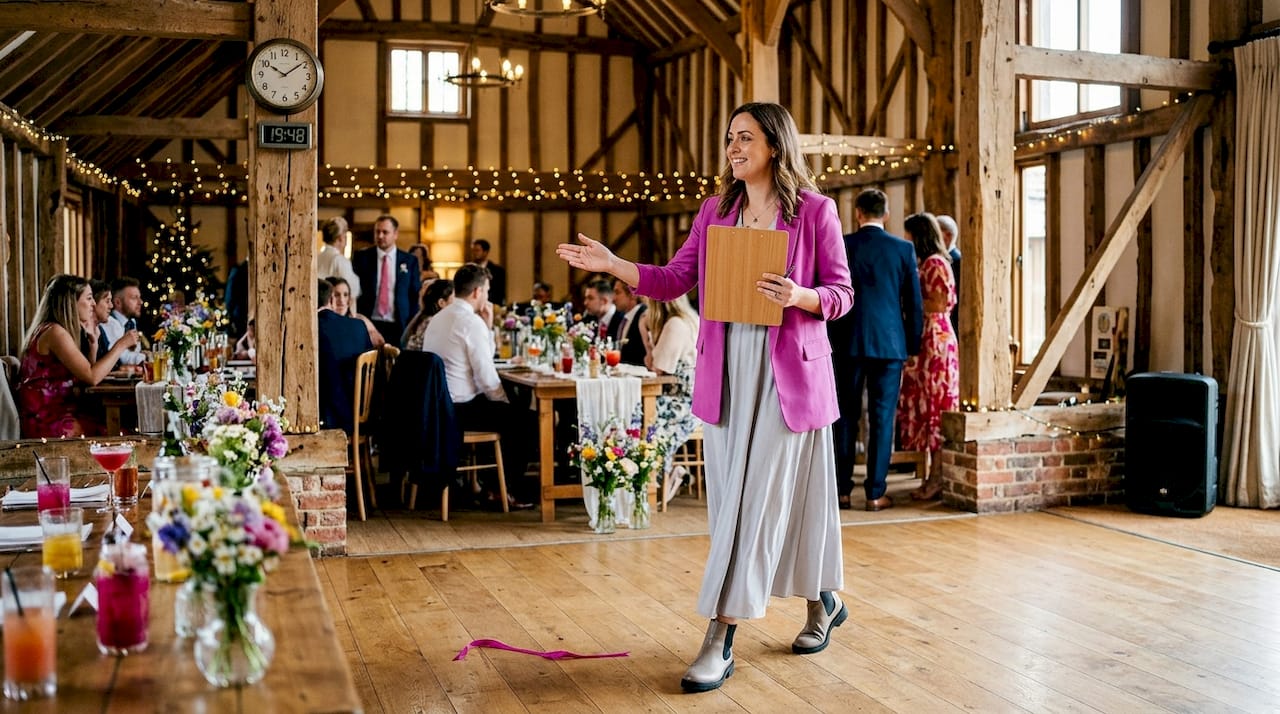 Wedding host directing guests in ballroom