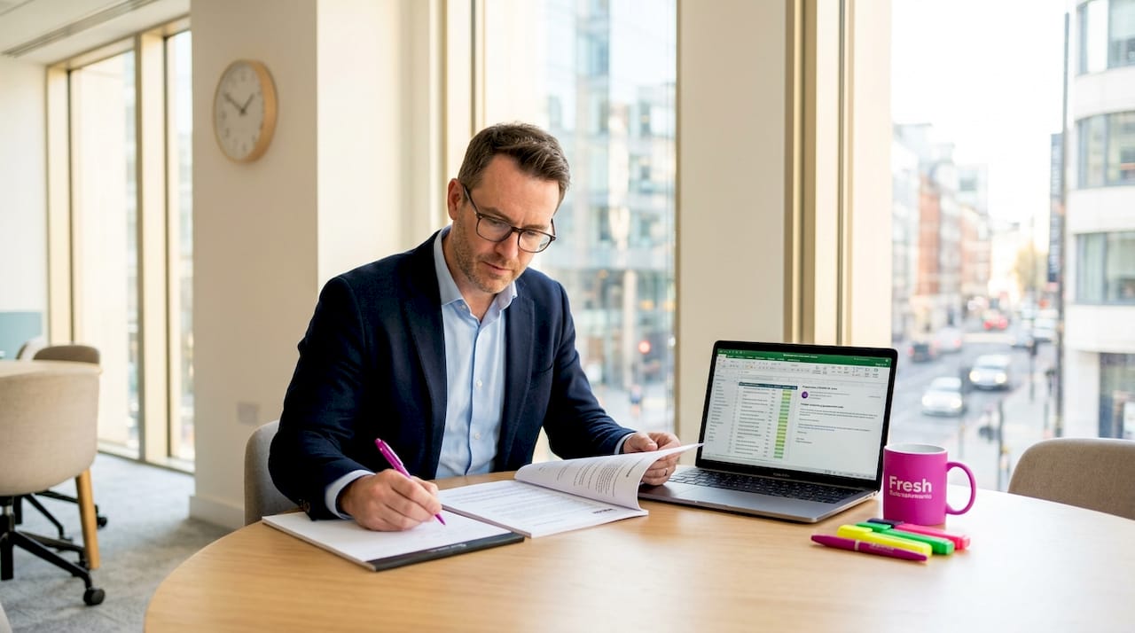 Planner reviewing event budget contracts at desk