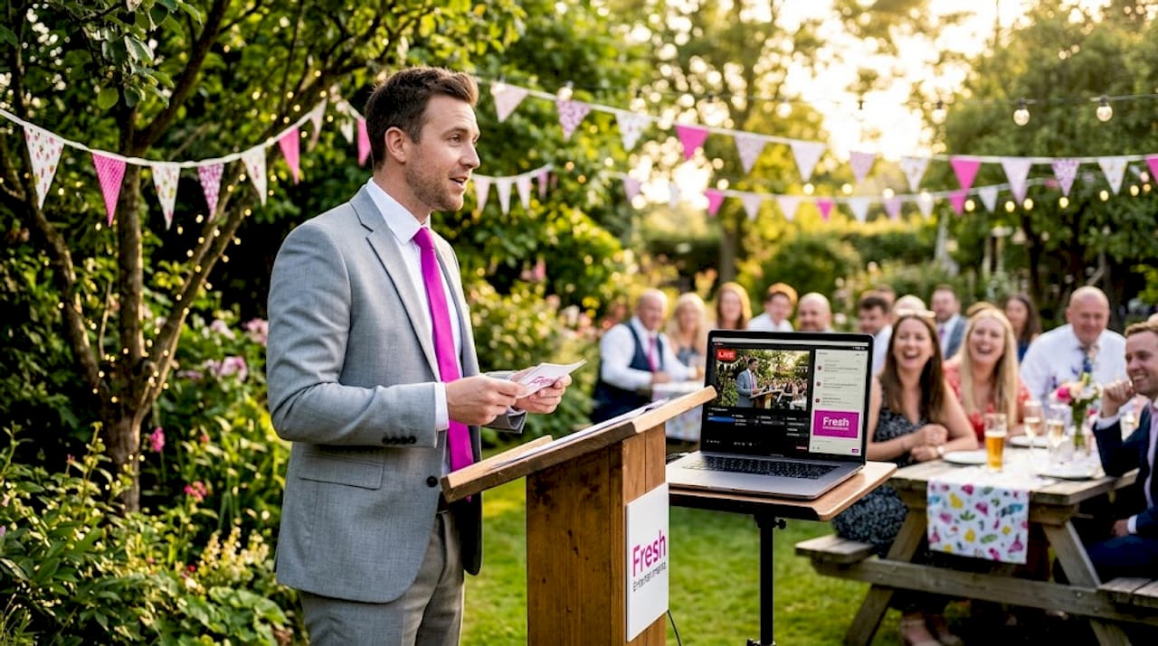Host presenting to both live and online audience