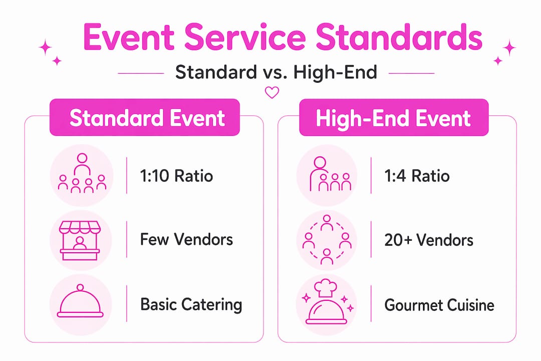 Infographic comparing standard and high-end event service