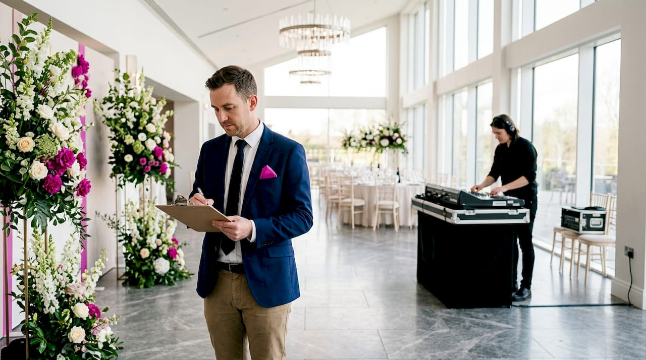Event planner inspecting venue with checklist