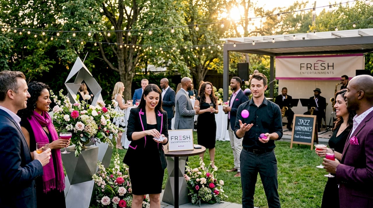 Guests engaging with roaming ambient performers