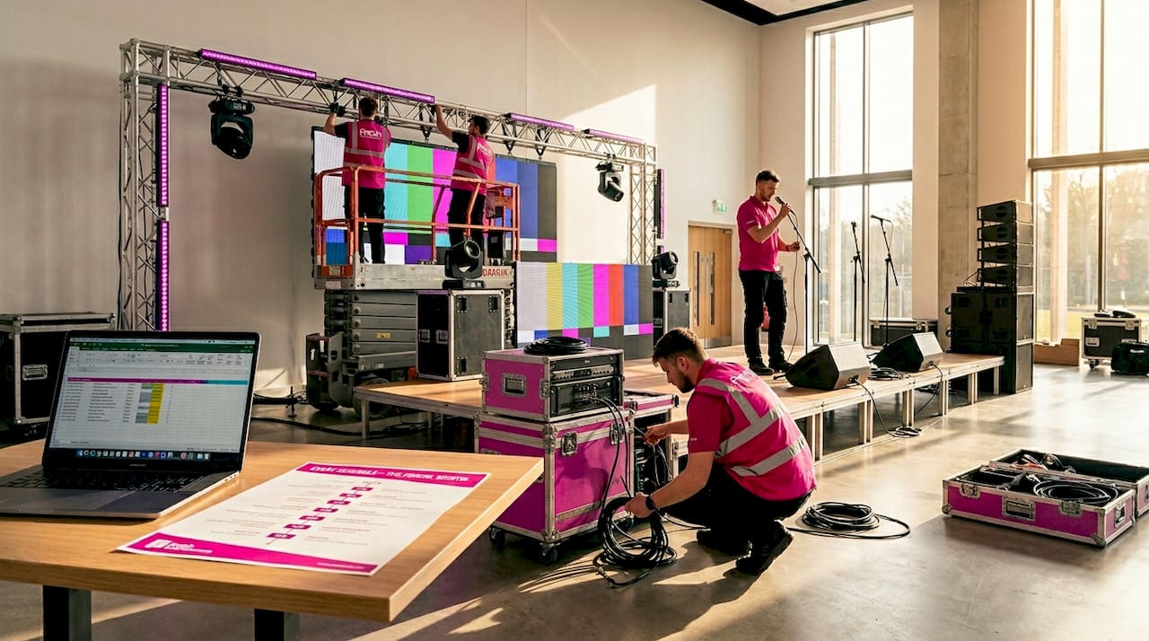 Venue setup showing multiple event production disciplines