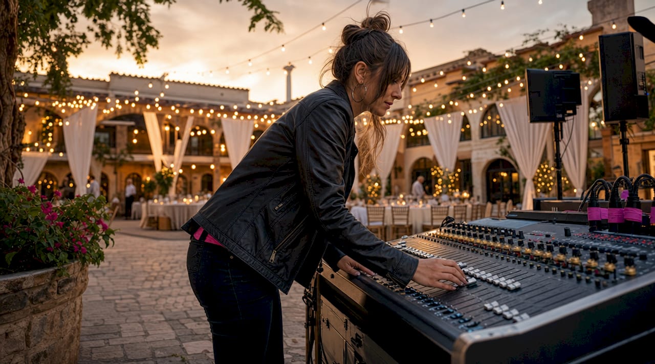 Audio engineer operating mixing console controls