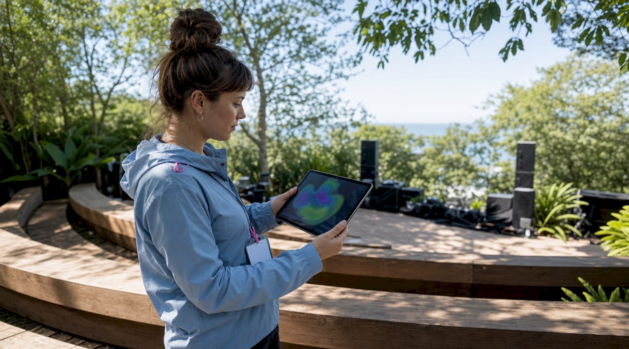 Technician reviewing acoustic map on tablet