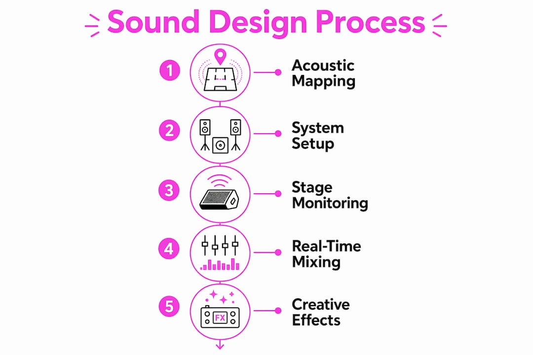Vertical flow infographic showing sound design process steps