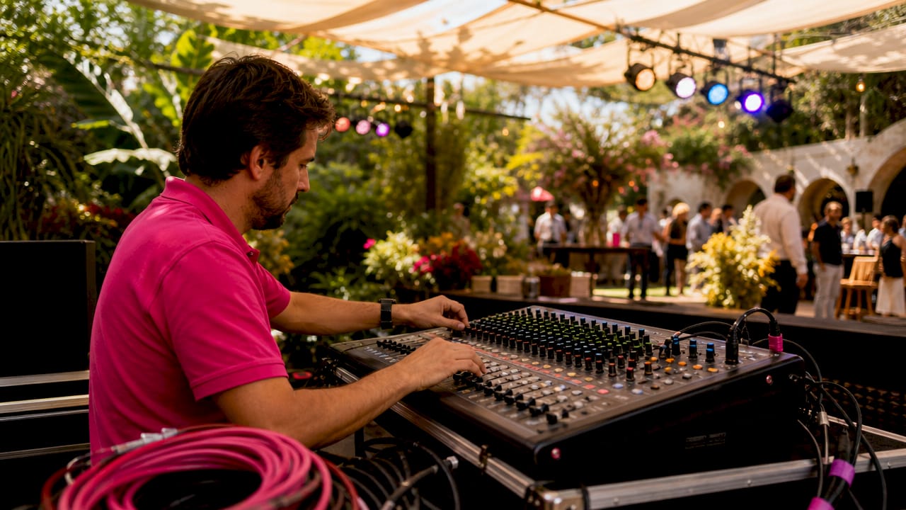 AV technician adjusting soundboard controls