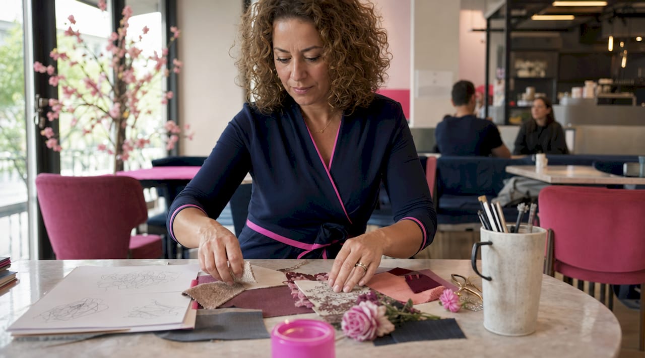 Wedding planner arranging bespoke materials and swatches