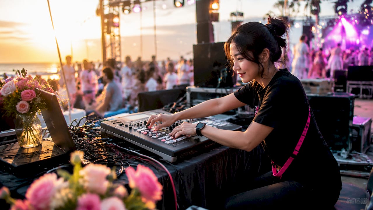 Technician adjusting live event production controls
