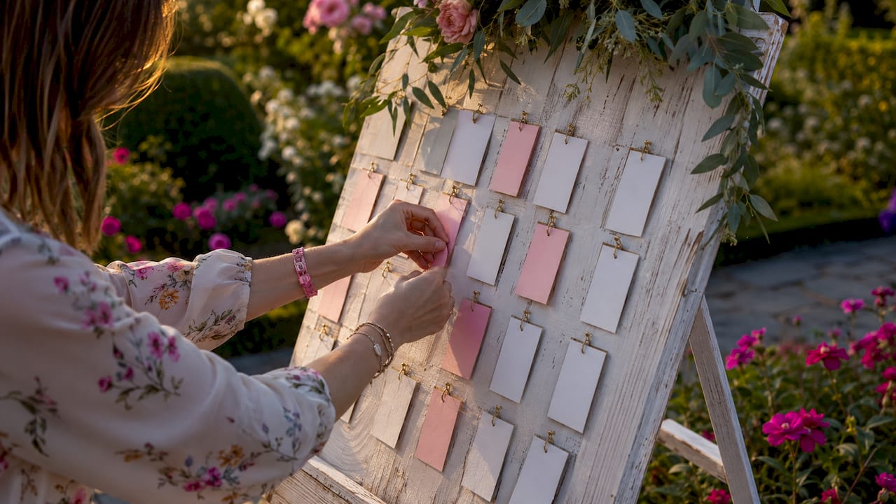 Hands arranging wedding guest seating chart